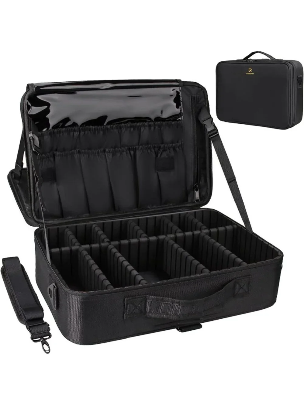 Large Makeup Case - Waterproof Travel Cosmetic Organizer, 3-Layer Brush Holder